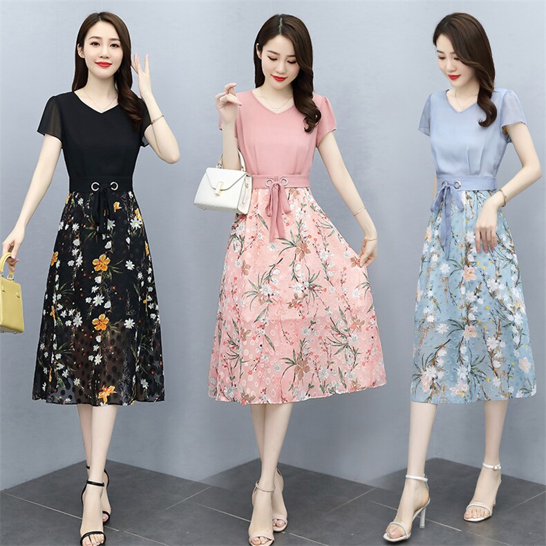 2025夏季碎花雪纺收腰假两件连衣裙女气质拼接裙子温柔长裙，女装连衣裙，牡丹诺