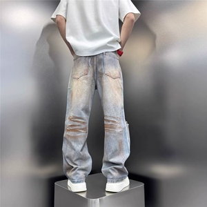 2025男士乞丐裤高街做夏季牛仔裤破洞帅扎染新款旧痞弯刀直筒裤子图片