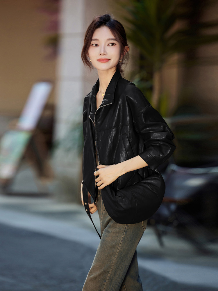 黑色美式复古包包款休闲皮衣外套女2025秋季新款巨好看减龄皮夹克,女装皮衣,安之芮娜