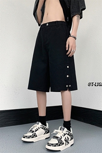 夏季美式高街排空拉链黑色牛仔五分短裤货号DK70P50图片