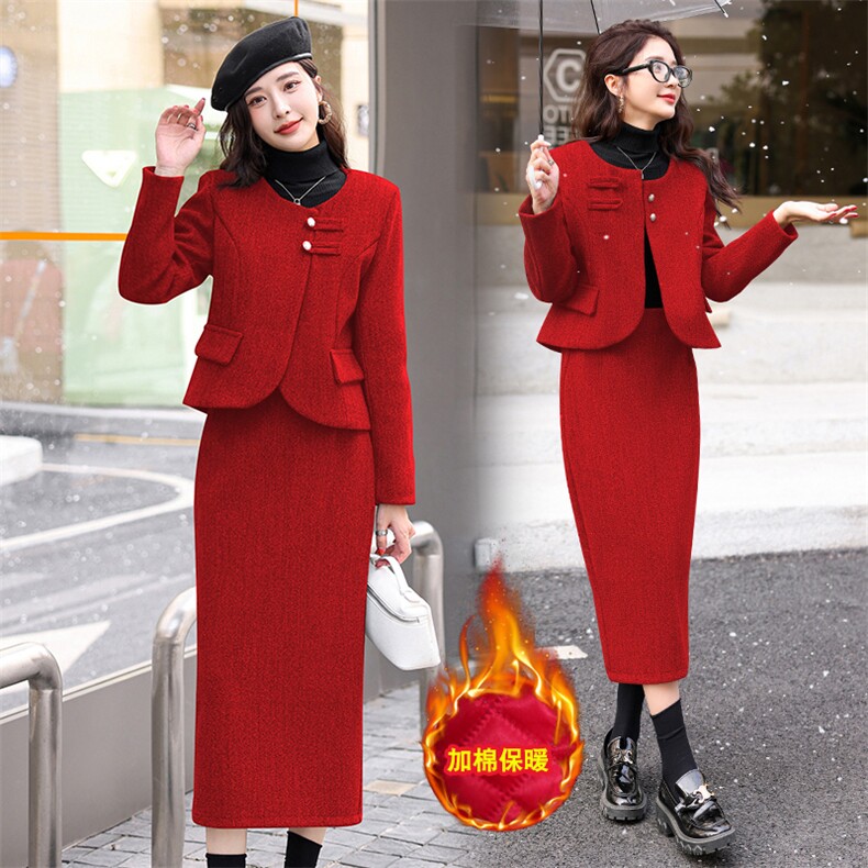 新款冬季纯色简约时尚减零气质通勒加棉保暖毛呢短外套套装套裙，女装套装/套裙，韩美纤衣