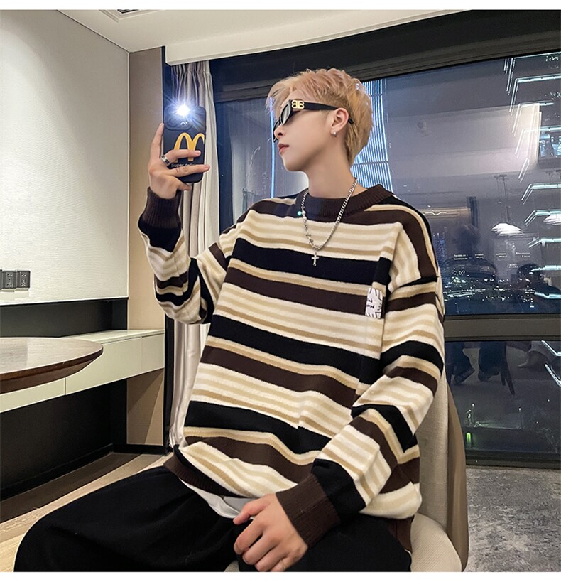 秋款男圆领毛衣条纹拼色针织衫休闲外套M5621P50,男装针织衫/毛衣,星座1013-1