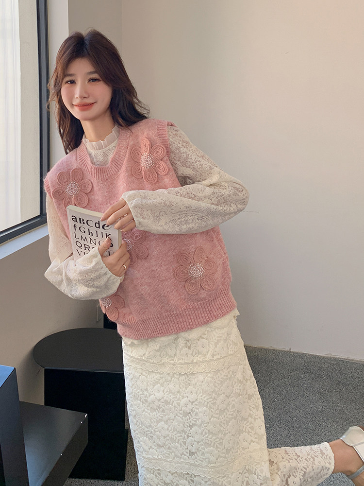 粉色甜美针织花朵马甲套装女2025春秋新款韩系气质显瘦减龄两件套,女装马甲,维壹