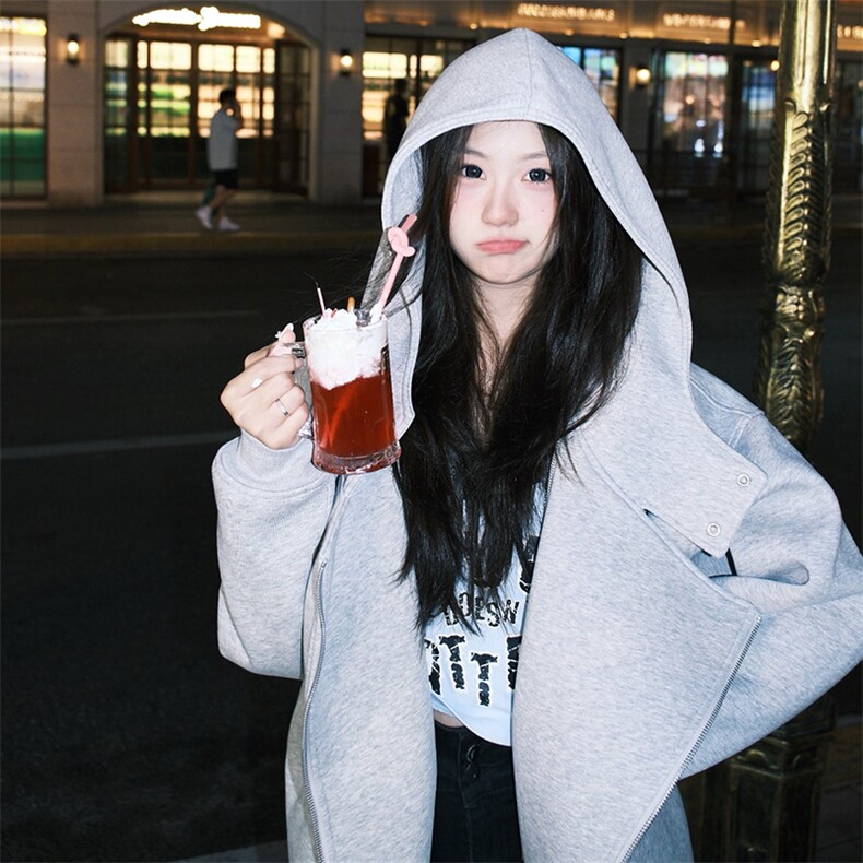 抖音得物品质26春装美式重磅结构斜拉链高领连帽卫衣开衫外套W61，女装短外套，电商A486
