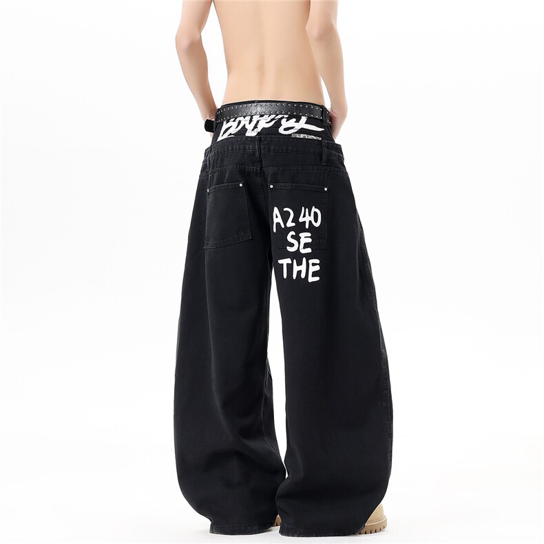 【现货】春装NK1030-P60控118双腰头印花牛仔裤宽松直筒阔腿裤，男装牛仔裤，电商B335