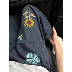 花卉刺绣牛仔短裤男款夏季宽松阔腿七分裤子直筒中裤N3566，男装牛仔裤，星座1116A（原606A-3）