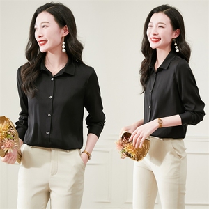 杭州重磅黑色真丝衬衫女高级感长袖2026秋新款通勤百搭真丝上衣图片