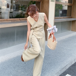 现货夏装新款韩系设计感无袖上衣阔腿裤两件套2C135-8838P165K238图片