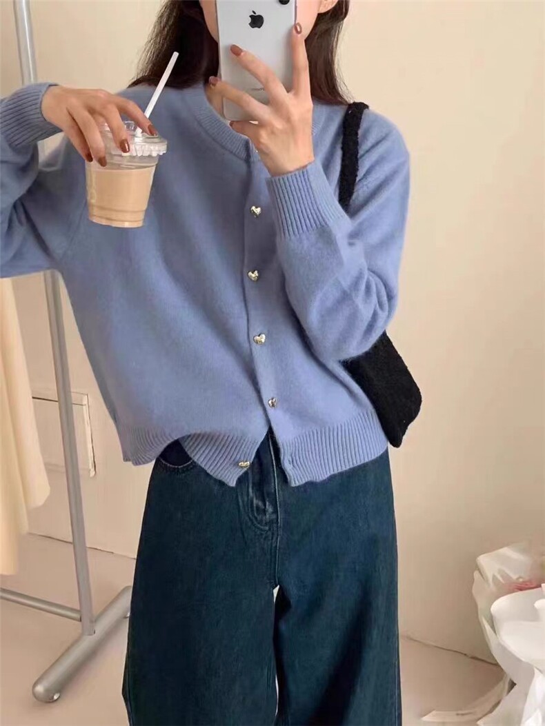 糖果色圆领羊毛针织开衫女爱心扣毛衣外套秋冬宽松显瘦百搭针织衫,针织衫/毛衣,恒恩羊绒