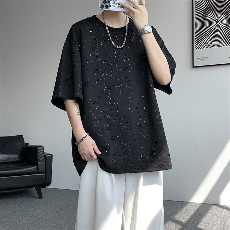 T322-特P20控48220克夏季潮流破洞满天星圆领短袖男宽松打底衫,男装T恤,电商A058-1（原电商C417）