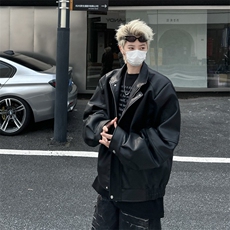 垫肩夹克外套男设计感廓形翻领短款pu皮衣拉链外套复古HY199，男装皮衣，星座506