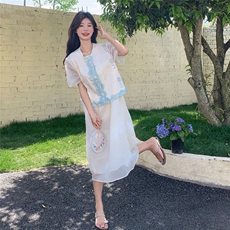 米白色提花刺绣连衣裙马甲两件套女夏巨好看高级感新中式国风套装，女装套装/套裙，2D078