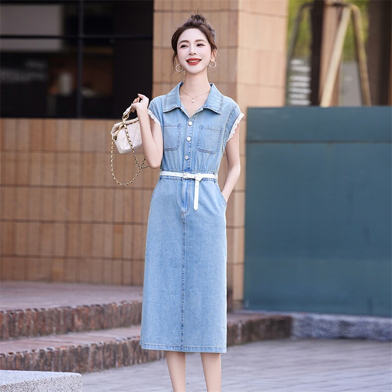 薄款牛仔连衣裙女夏季蕾丝拼接2025新款收腰显瘦气质小个子衬衫裙,女装连衣裙,丽影随形