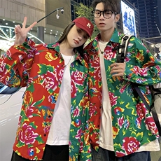 PC203情侣休闲东北大花拼接长袖衬衫外套男女宽松寸衣汉服演出秋，男装衬衫，星座115A(原星座507）