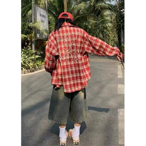 重工钉珠格子衬衫短袖男美式潮牌宽松小众设计感衬衣 CS356图片
