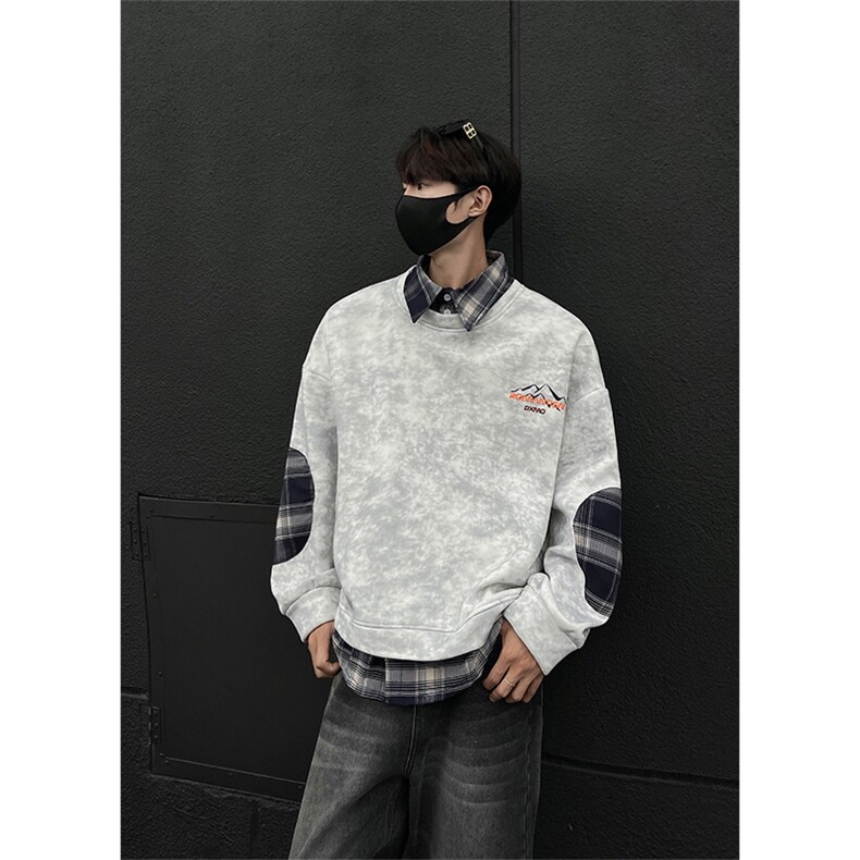 现货WY10095-P58加绒P68扎染撞色拼接格子假两件卫衣,男装卫衣,电商A059