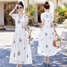 新中式民国风套装女2025夏新款时尚名媛高端V领印花半身裙两件套，女装套装/套裙，伊仟回