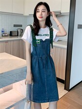 背带裙套装韩版通勤牛仔裙女夏新款连衣裙印花套头休闲韩版中长款，女装连衣裙，梦懿尔