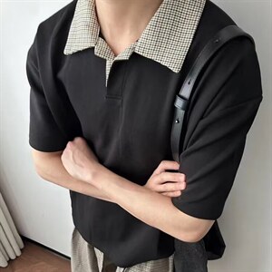 千鸟格拼接polo衫短袖男夏季老钱风复古正肩T恤cleanfit重磅半袖图片