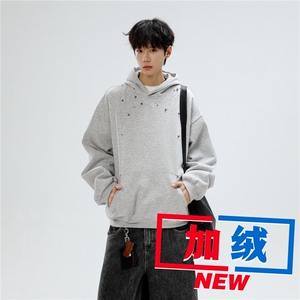 钉珠工艺美式重磅复古加绒加厚刺绣连帽卫衣男女宽松休闲上衣帽衫图片