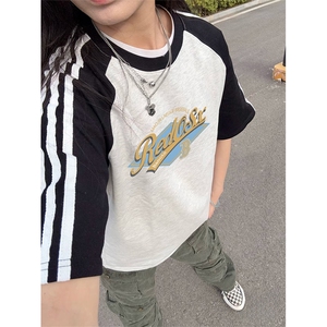 抖音得物品质二开240克宽松纯棉美式潮牌插肩三杠织带短袖T恤图片