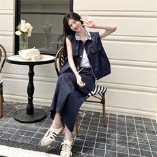 工装风穿搭蕾丝拼接无袖上衣配半身裙套装女夏2025新款减龄两件套，女装套装/套裙，2C323