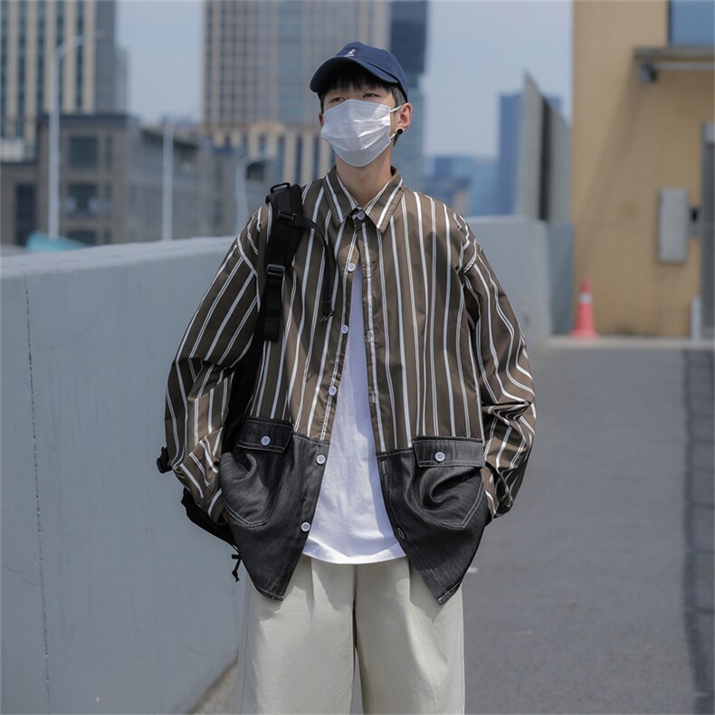 2024秋装新款做旧长袖衬衫男条纹宽松休闲衬衣多口袋 C208P45图片