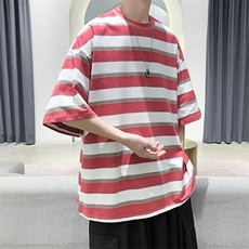 现货2025夏季港风条纹宽松短袖T恤衫男潮流上衣D201-DM511-P30，男装T恤，电商D321-1
