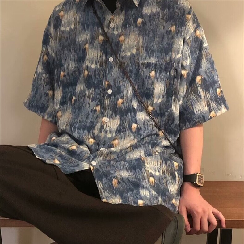 D5241-P35夏季新款美式复古潮牌扎染印花短袖衬衫上衣男-网图现货,男装衬衫,星座603-2