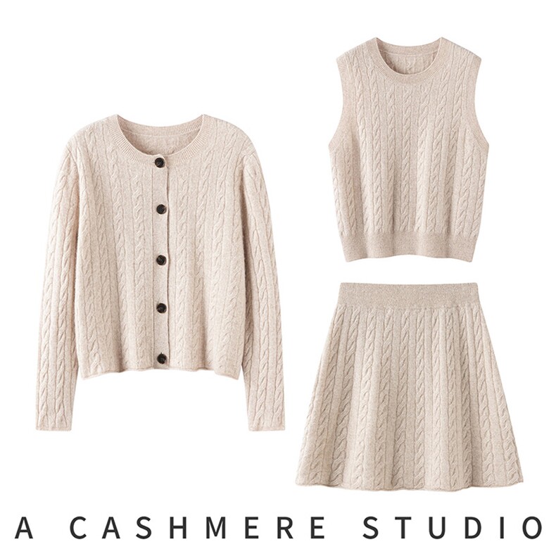 2025年秋季套头早秋款麻花羊绒三件套，女装套装/套裙，珍丝贝尔