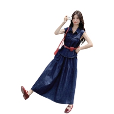 牛仔套装裙女2025夏季新款时尚减龄复古洋气无袖衬衫半身裙两件套，女装套装/套裙，2C269