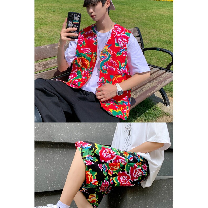 TZ02东北大花民族风风马甲短裤套装大码抖音网红同款汉服男女,男装休闲套装,星座115A(原星座507）