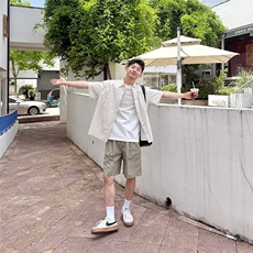 白色条纹衬衫短袖男生2025新款夏季百搭宽松休闲衬衣上衣外套，男装T恤，星座506A