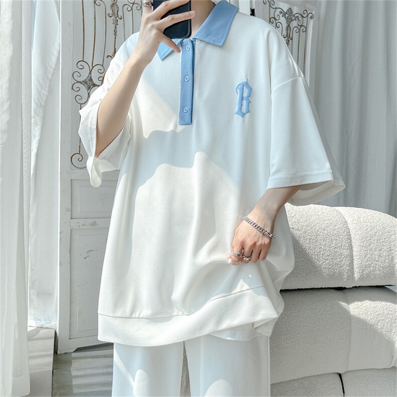 PL8061/P35夏季新撞色宽松短袖POLO衫男翻领半袖T恤休闲大码上衣图片
