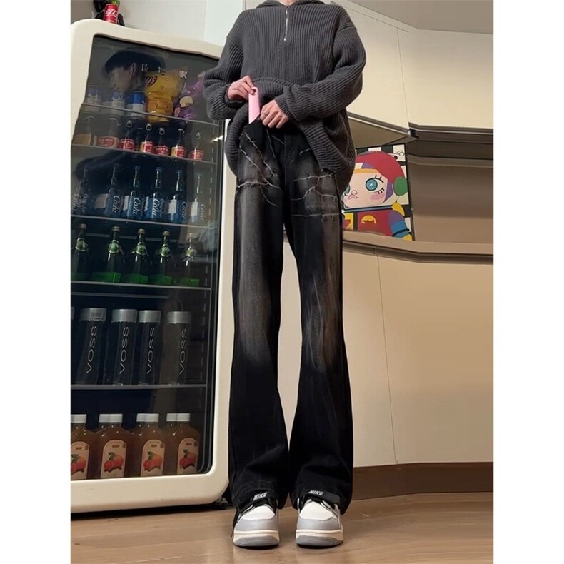 网图美式复古闪电纹牛仔裤高街弯刀直筒微喇裤子A025-YN1065-P42,男装牛仔裤,电商A025