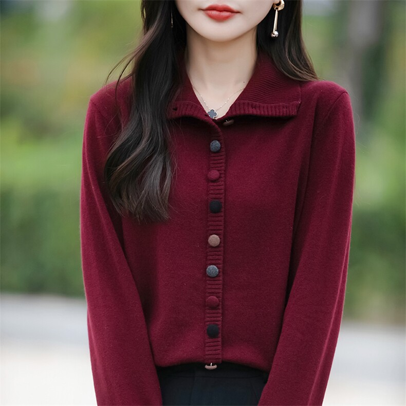 秋冬新款高领彩扣100羊毛针织开衫外套女宽松加厚毛衣外搭上衣,针织衫/毛衣,佳绒包芯纱店