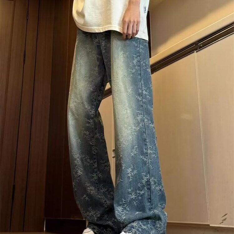 水洗做旧满印提花牛仔裤男款潮牌痞帅炸街裤子美式高街微喇直筒裤,男装牛仔裤,星座302B-2