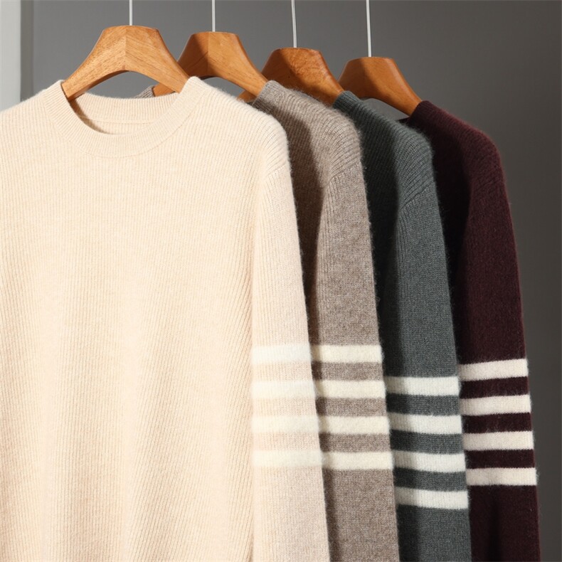 舒适百搭简约秋冬新款2025圆领袖口条纹羊绒衫，男装羊绒套衫，蒙亿羊绒