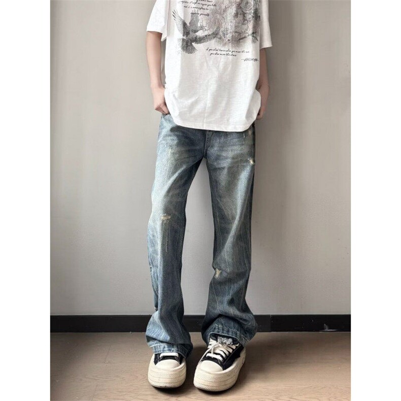 25年复古水洗新款破洞阔腿高腰潮牌做旧宽松直筒牛仔裤男女N7031，男装牛仔裤，星座601-1
