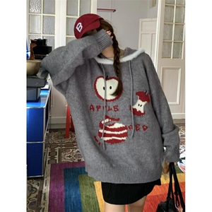 苹果提花圣诞氛围感连帽针织衫灰色毛衣女秋冬慵懒风宽松 M3708图片