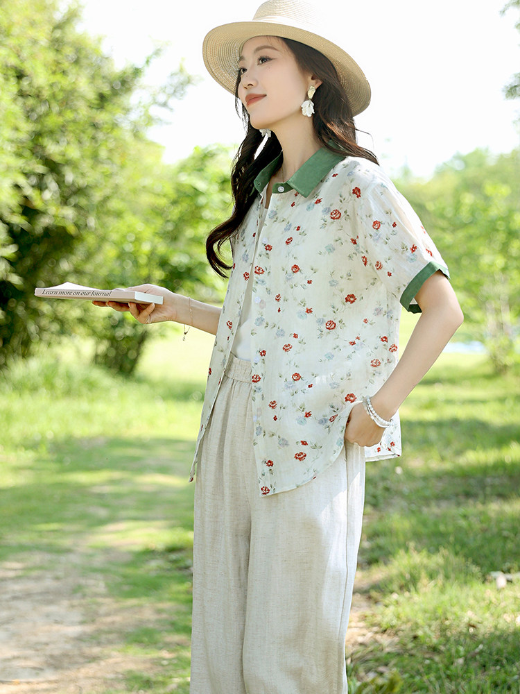 2025夏装新款温柔时尚显瘦复古撞色苎麻碎花衬衫直筒裤女,女装衬衫,凝聚力