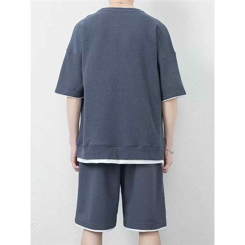 网图7536-P55华夫格休闲套装男宽松短袖短裤男士潮流运动套装帅气,男装牛仔裤,电商D310B-1