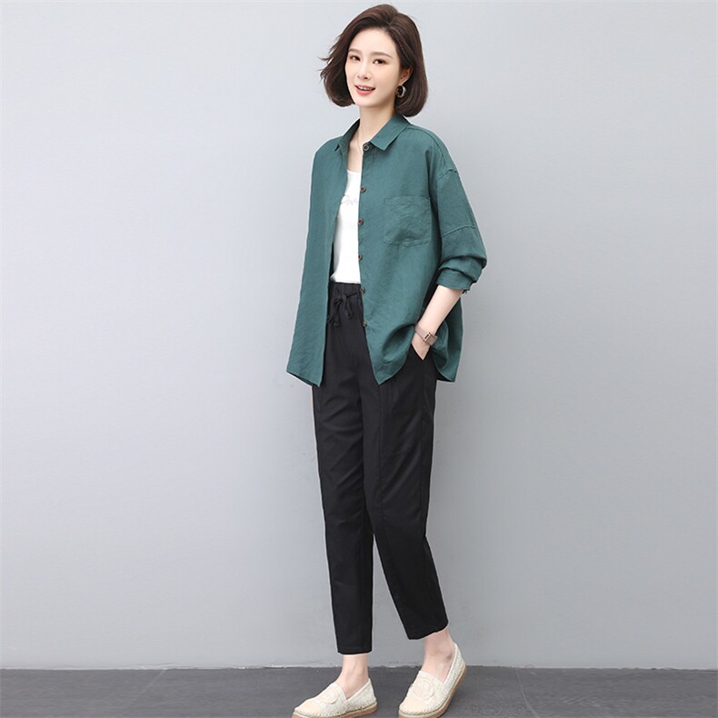 中年妈妈春季休闲亚麻长袖衬衫女2023新款两件套装,女装套装/套裙,忆绮罗