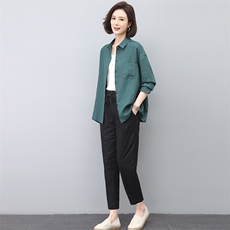 中年妈妈春季休闲亚麻长袖衬衫女2023新款两件套装，女装套装/套裙，忆绮罗