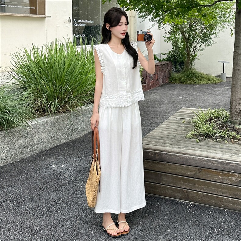 2025夏新款天丝亚麻气质木耳边拼接蕾丝马甲阔腿裤两件套套装,女装套装/套裙,瑶迪依秀