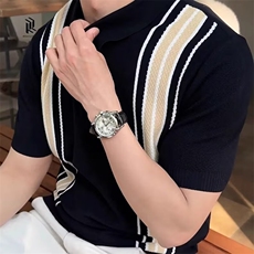 夏季冰爽高级感半拉链短袖Polo衫男士菠萝格提花条纹翻领针织T恤，男装衬衫，星座506A