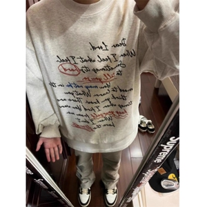 W01-P25加绒P35美式圆领卫衣男女秋季宽松加绒加厚字母印花上衣图片