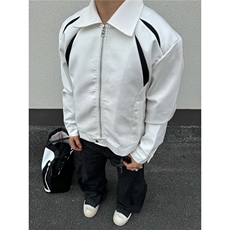 黑男美式复古撞色拼接正肩短款外套设计感简约cleanfit翻领夹克男，男装夹克，星座506A