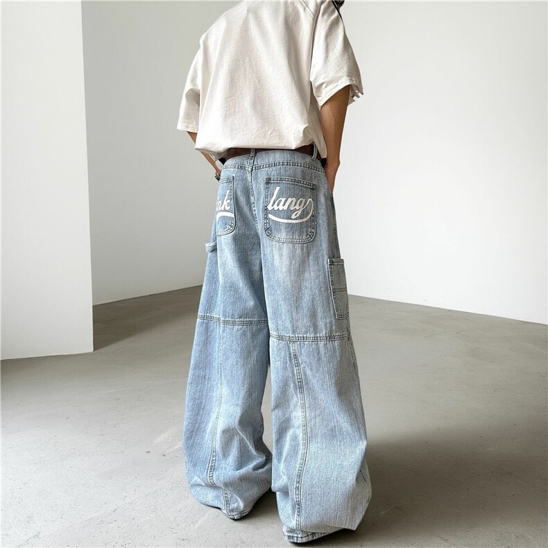 阔腿牛仔裤男款2025夏季新款美式印花弯刀裤宽松痞帅直筒长裤子,男装牛仔裤,电商A306-2