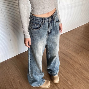 美式复古水洗渐变牛仔裤女cleanfit高街直筒裤子百搭长裤图片